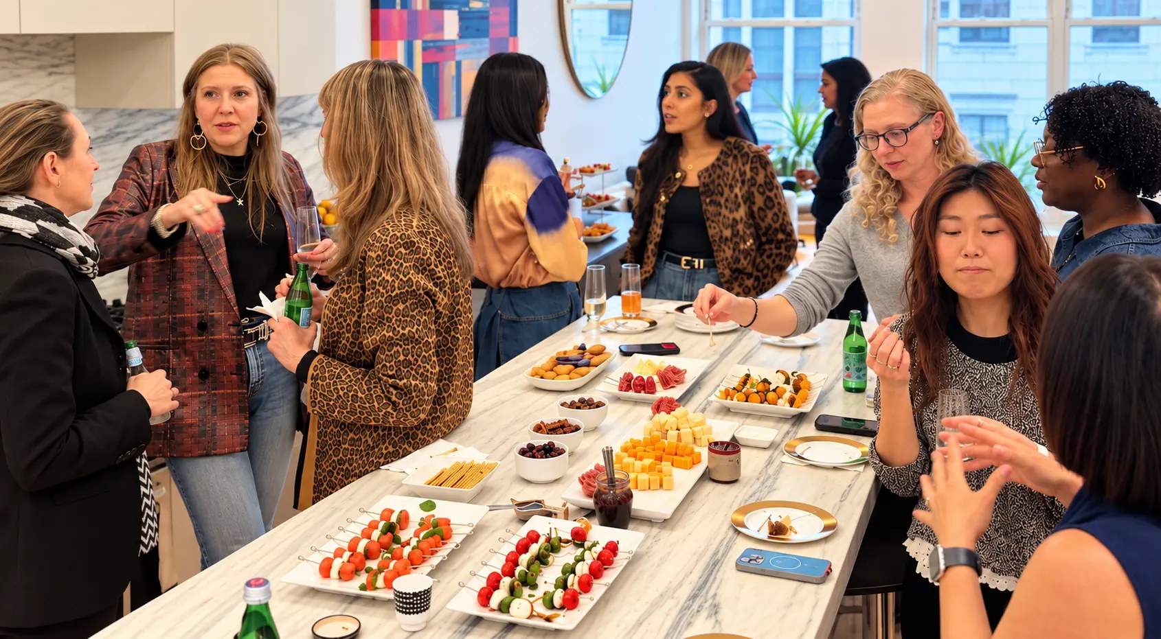 Guests gathered around the long marble table at Rosé at the Helm