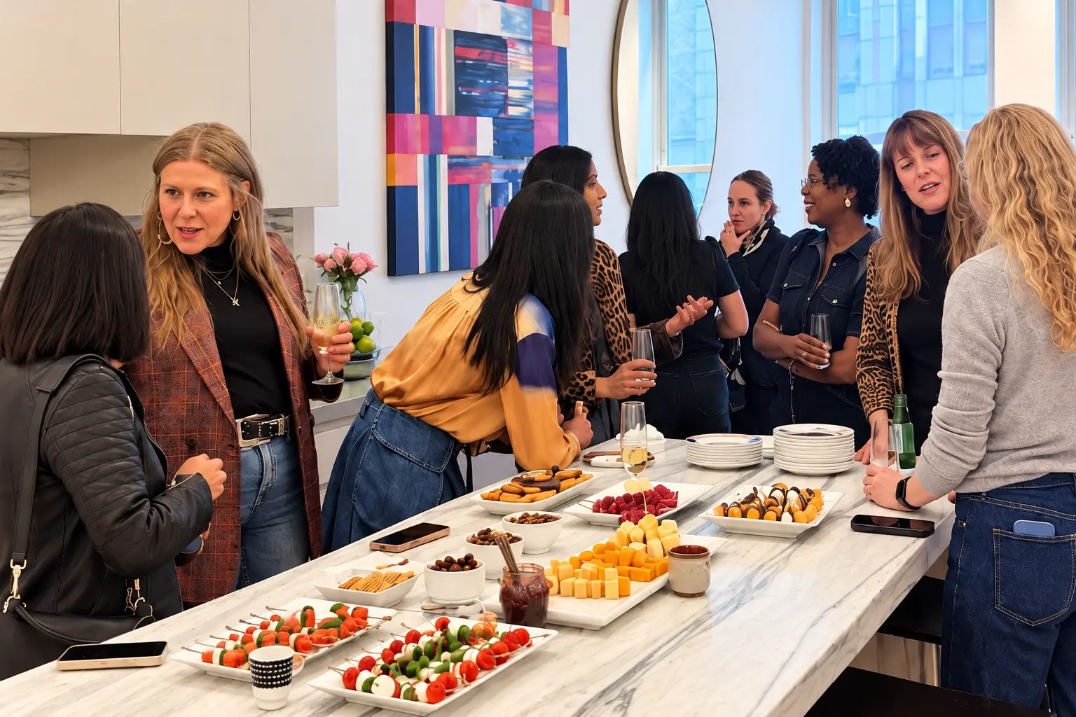 Guests mingling around the food spread