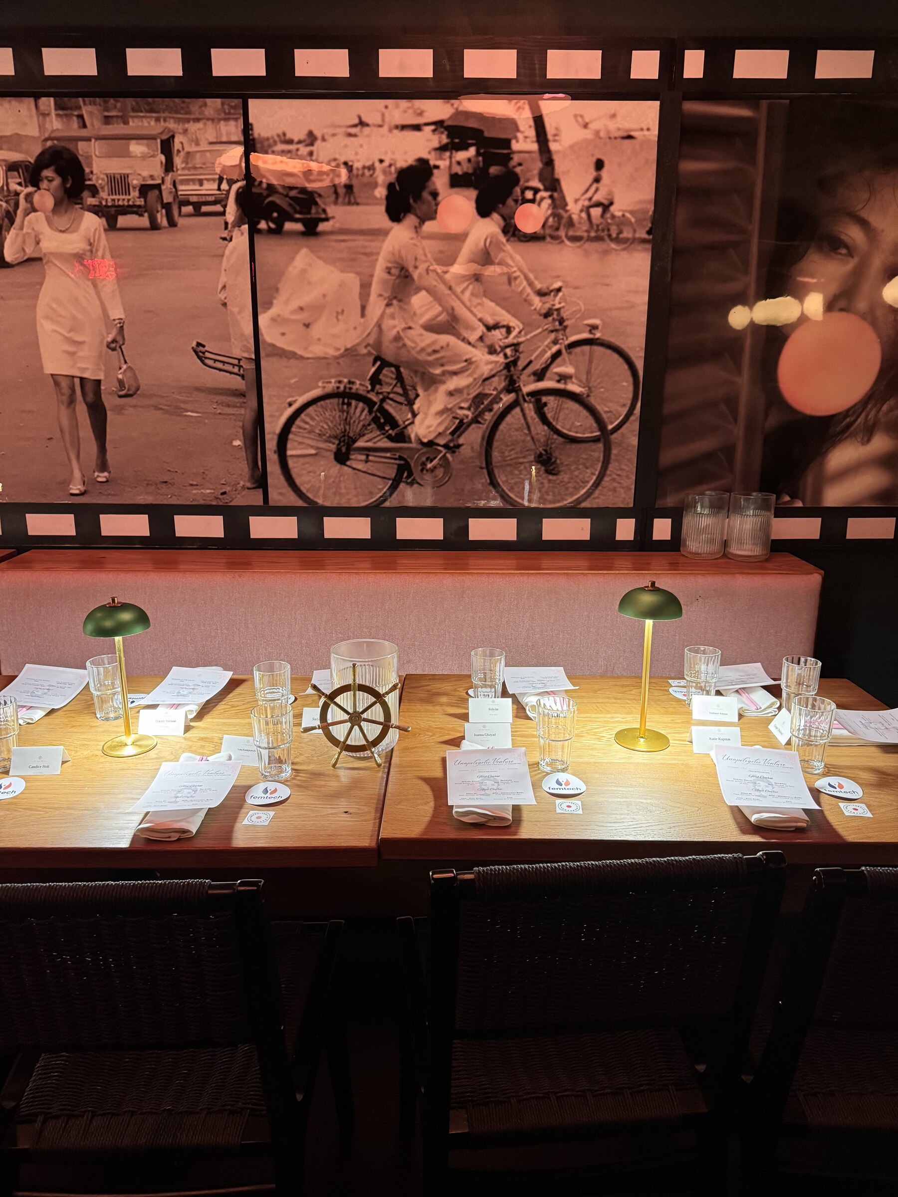 The Philadelphia table set with the ship's wheel centerpiece and printed menus