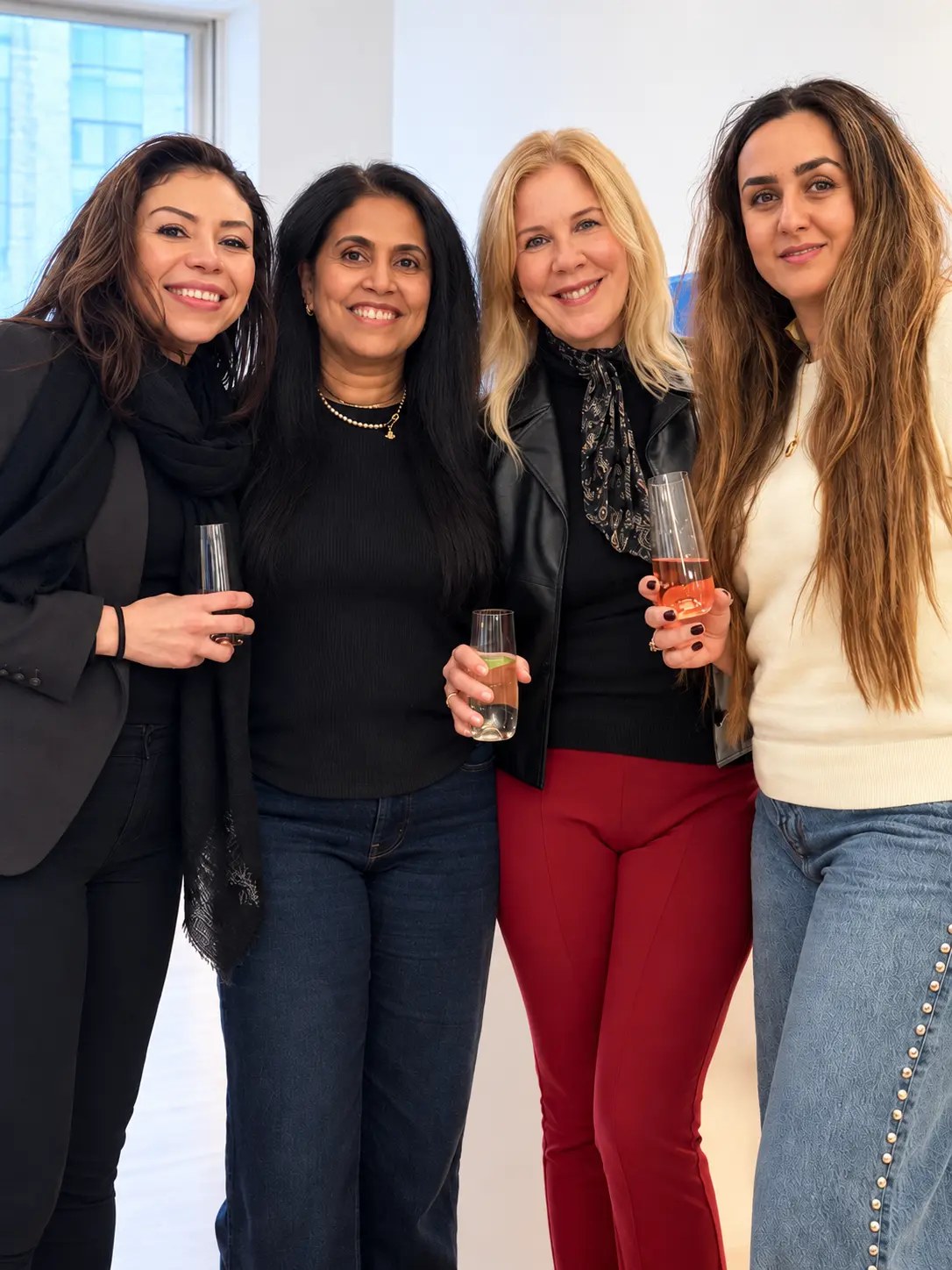 Four guests holding rosé by the window